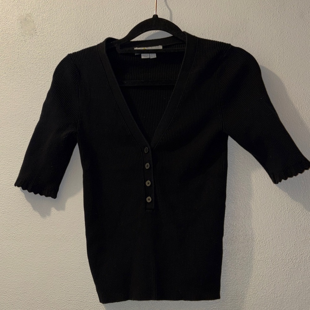 Boden Black Ribbed V-Neck Button Pullover Sweater